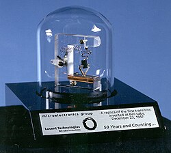 A replica of the first point-contact transistor in Bell labs