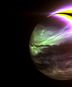 Infrared image of the night-side of Venus, showing different layers of clouds at altitudes of 35 to 50 km in different colours. Red coloured clouds are the highest, green and blue are below. Carbon dioxide and monoxide areas are absorbing infrared signatures.