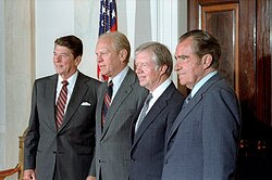President Ronald Reagan meets with his three immediate predecessors, Gerald Ford, Jimmy Carter and Nixon, at the White House, October 1981; the three former presidents would represent the United States at the funeral of Egyptian president Anwar Sadat.