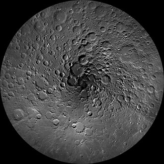 Lunar north polar region mosaic by LRO. The north pole is in the center.