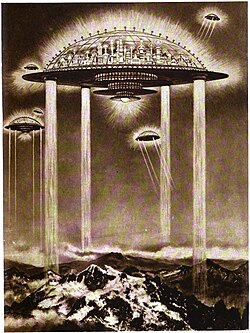 Gernsback's fictional vision of a floating city ten thousand years in the future. (Illustrated by Frank R. Paul, 1922.)