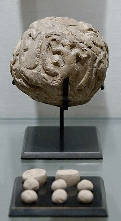 Globular envelope with a cluster of accountancy tokens, Uruk period, from Susa – Louvre Museum