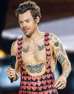 Harry Styles shirtless, displaying his tattoos, including one of a large butterfly