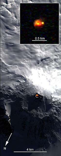 Satellite picture showing the lava lake of Mount Erebus, Antarctica.
