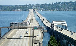 Floating bridges on Lake Washington. These are among the largest of their kind in the world.
