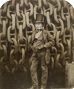 19th-century engineer Isambard Kingdom Brunel by the launching chains of the SS Great Eastern.