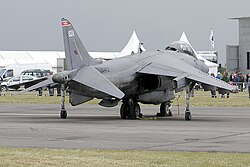 Hawker Siddeley Harrier GR7. Tandem undercarriage with extra support wheels under wings.