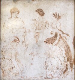 A marble tablet from Herculaneum showing women playing knucklebones, depicting Phoebe, Leto, Niobe, Hilearia, and Agle, painted and signed by an artist named "Alexander of Athens", now in the Museo Archeologico Nazionale (Naples)