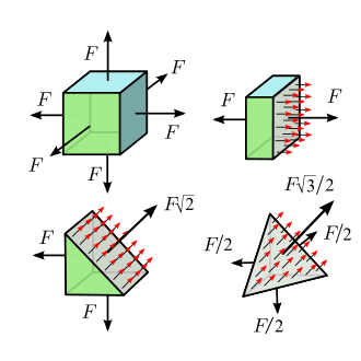 Isotropic tensile stress. Top left: Each face of a cube of homogeneous material is pulled by a force with magnitude F, applied evenly over the entire face whose area is A. The force across any section S of the cube must balance the forces applied below the section. In the three sections shown, the forces are F (top right), F 2 {\displaystyle {\sqrt {2}}} (bottom left), and F 3 / 2 {\displaystyle {\sqrt {3}}/2} (bottom right); and the area of S is A, A 2 {\displaystyle {\sqrt {2}}} and A 3 / 2 {\displaystyle {\sqrt {3}}/2} , respectively. So the stress across S is F/A in all three cases.
