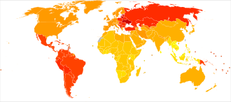 Disability-adjusted life year for RA per 100,000 inhabitants in 2004.[206] no data <40 40–50 50–60 60–70 70–80 80–90 90–100 100–110 110–120 120–130 130–140 >140