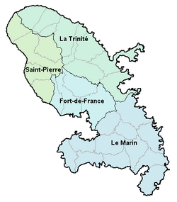 A map of Martinique showing the island's four arrondissements