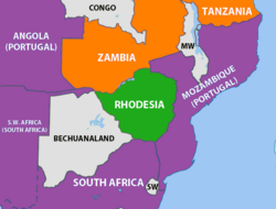 The geopolitical situation during the Rhodesian Bush War in 1965 – countries friendly to the nationalists are coloured orange