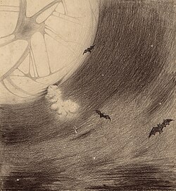 The Martians launch a cylinder to start their attack on Earth, illustration by Henrique Alvim Corrêa for the 1906 edition, showing "canals" on Mars.