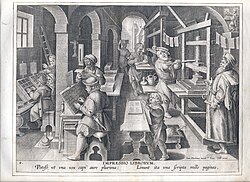 The invention of printing, anonymous, design by Stradanus, collection Plantin–Moretus Museum in Antwerp, Belgium