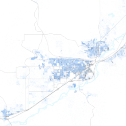 Map of racial distribution in Billings, 2020 U.S. census. Each dot is one person: ⬤ White ⬤ Black ⬤ Asian ⬤ Hispanic ⬤ Multiracial ⬤ Native American/Other
