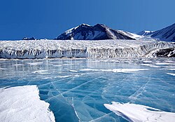 Refrozen glacial meltwater from the Canada Glacier, in Antarctica