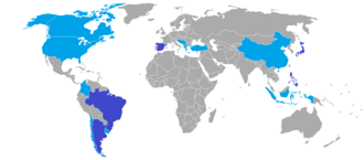 World map depicting the number of times a country has hosted the World Cup. Dark blue: twice; light blue: once.