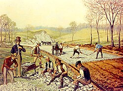 Construction of the first macadamized road in the United States (1823). In the foreground, workers are breaking stones "so as not to exceed 6 ounces in weight or to pass a two-inch ring".[14]