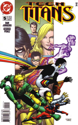 Cover to Teen Titans vol. 2, #5, featuring the 1996–98 team. Art by Dan Jurgens and Pérez