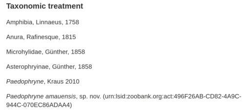 The taxon treatment for the frog Paedophryne amauensis,[1] mentioning the LSID for this nomenclatural act.[2]