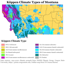 Köppen climate types of Montana, using 1991–2020 climate normals