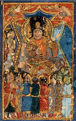 Frontispiece of the Maqamat al-Hariri (1237 CE) depicting a ruler in Turkic dress (long braids, Sharbush fur hat, boots, fitting coat), possibly Baghdad.[16][17][18]