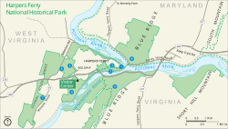 National Park Service map of Harper's Ferry showing the Appalachian Trail, with (1) being the scene of John Brown's raid[70]