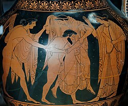 The rape of Leto by Tityos: Apollo (left), tries to grasp Tityos, Leto (middle) pushes him and Artemis (right), ready to stop him. Attic red-figure amphora from Vulci. c. 510–520 BCE, by Phintias Painter. Louvre, Paris.
