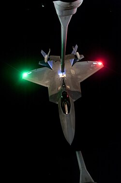 Red and green navigation lights on an F-22 Raptor