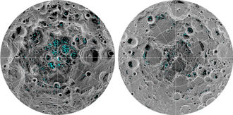 Distribution of surface ice at the Moon's South (left) and North poles (right), as viewed by NASA's Moon Mineralogy Mapper (M3) spectrometer onboard India's Chandrayaan-1 orbiter