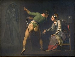 Hamlet tries to show his mother Gertrude his father's ghost (artist: Nicolai A. Abildgaard, c. 1778).