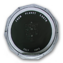 The silicon disc with goodwill messages left on the Moon by Apollo 11 astronauts