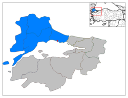 East Thrace (blue) within the Marmara region of Turkey