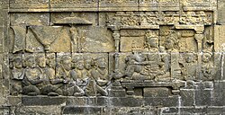 The bas relief of 8th century Borobudur depicts the scene in royal court.