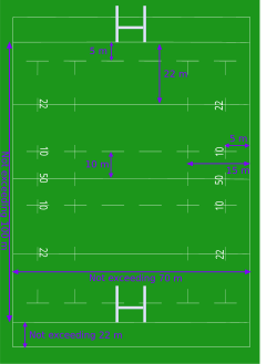Diagram of a rugby union playing field showing the various marked lines and distances