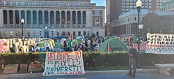 Signs at the second encampment, including one stating: "Welcome to the People's University for Palestine"