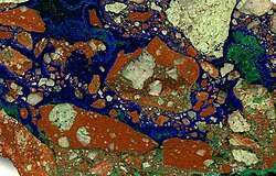 Unusual breccia cemented by azurite and malachite, Morenci Mine, Arizona