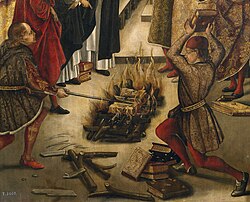 Detail of a Pedro Berruguete painting of a disputation between Saint Dominic of Guzman and the Albigensians (Cathars) in which the books of both were thrown on a fire, with St. Dominic's books miraculously preserved from the flames. See the whole picture.
