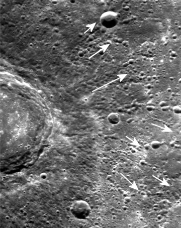 MESSENGER image of secondary craters surrounding a primary impact site.