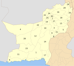 Note: In this map, Lehri is shown within Sibi District on #27. Sohbatpur and Usta Muhammad is shown within Jafarabad District on #8.Hub is shown within Lasbela District on #17.