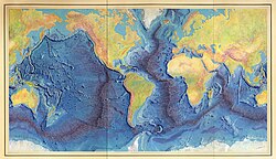 Map of Marie Tharp and Bruce Heezen, painted by Heinrich C. Berann (1977), showing the relief of the ocean floors with the system of mid-ocean ridges