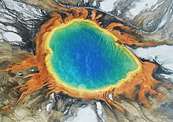 Boardwalks allow visitors to safely approach the thermal features, such as Grand Prismatic Spring
