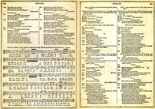 Pages from an 1859 libretto for Ernani, with the original Italian lyrics, English translation and musical notation for one of the arias