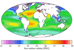 Annual mean sea surface salinity expressed in the Practical Salinity Scale for the World Ocean. Data from the World Ocean Atlas[5]