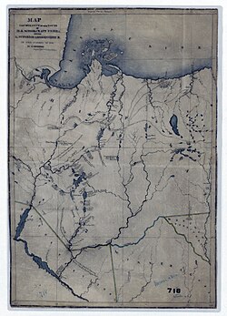 Map of Schoolcraft's route in 1831 showing Ojibwe settlements and roads (NAID 102278798)