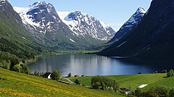 U-shaped valley with lake in Myklebustdalen, Nordfjord, Sogn og Fjordane, Norway.
