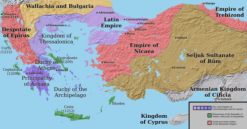 The Greek Byzantine Empire split by a newly established Latin Crusader State after the Fourth Crusade (shown partly in Greece and partly in Turkey)
