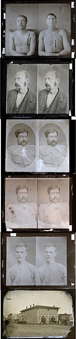 From top to bottom: Bodies of Clell Miller and Bill Caldwell [aka Stiles]; Cole Younger; Charlie Pitts (two rows); Bob Younger; the Northfield Bank