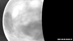 WISPR of the Parker Solar Probe took this visible light footage of the nightside in 2021, showing the hot faintly glowing surface, and its Aphrodite Terra as large dark patch, through the clouds, which prohibit such observations on the dayside when they are illuminated.[231][232]