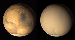 Mars without a dust storm in June 2001 (on left) and with a global dust storm in July 2001 (on right), as seen by Mars Global Surveyor